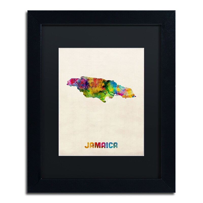 Trademark Fine Art ''Jamaica Watercolor Map'' by Michael Tompsett 11" x 14" Black Matted Black Frame (MT0750-B1114BMF) image 1