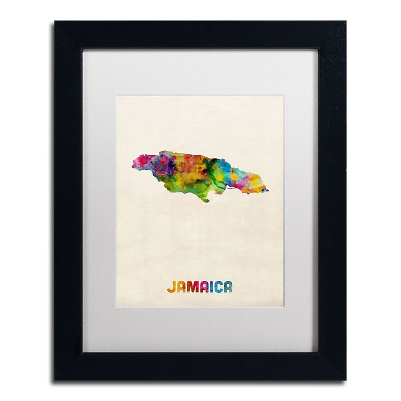 Trademark Fine Art ''Jamaica Watercolor Map'' by Michael Tompsett 11" x 14" White Matted Black Frame (MT0750-B1114MF) image 1
