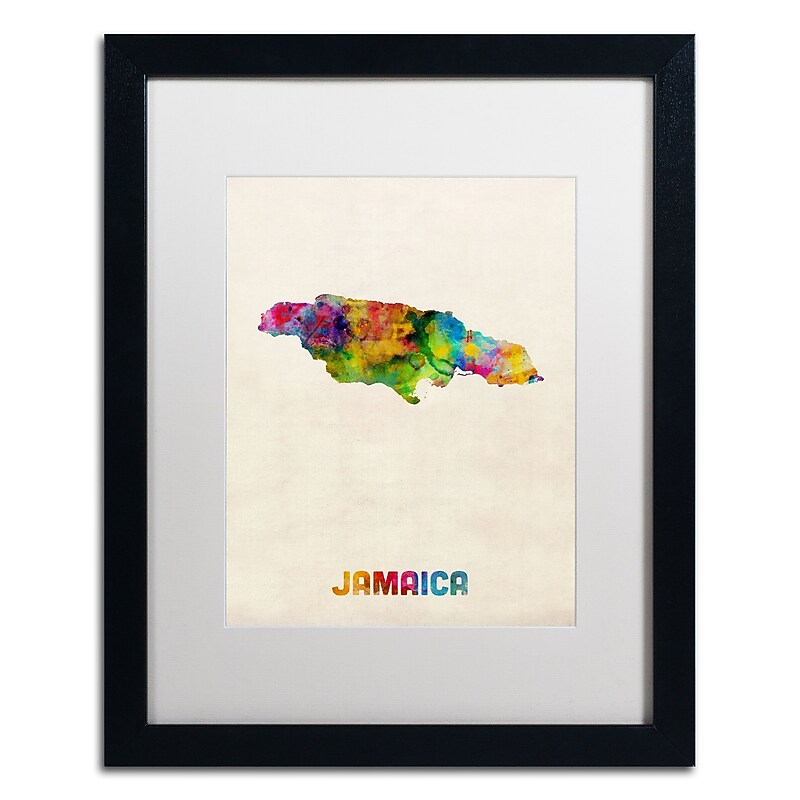 Trademark Fine Art ''Jamaica Watercolor Map'' by Michael Tompsett 16" x 20" White Matted Black Frame (MT0750-B1620MF) image 1
