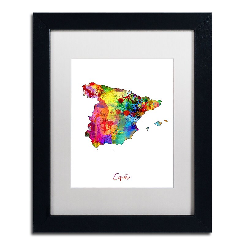 Trademark Fine Art ''Spain Watercolor Map'' by Michael Tompsett 11" x 14" White Matted Black Frame (MT0751-B1114MF) image 1