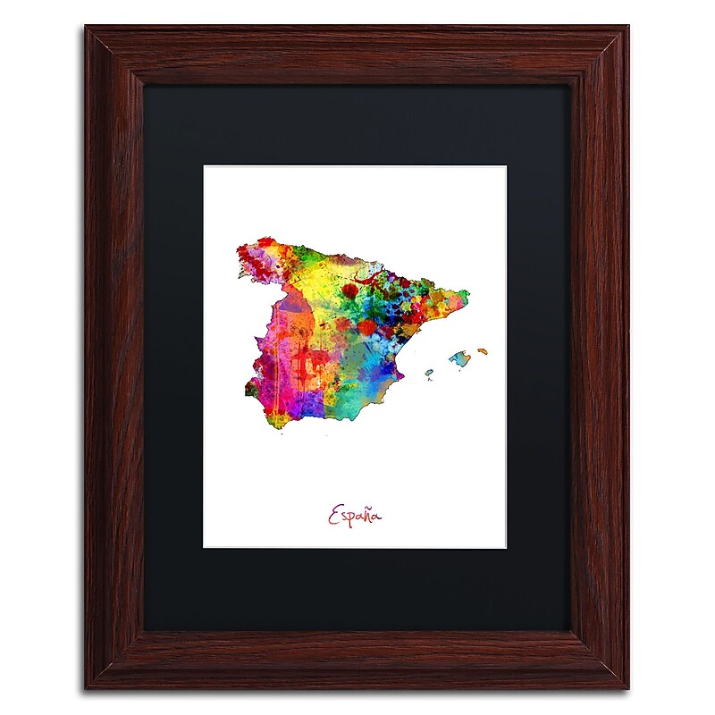 Trademark Fine Art ''Spain Watercolor Map'' by Michael Tompsett 11" x 14" Black Matted Wood Frame (MT0751-W1114BMF) image 1