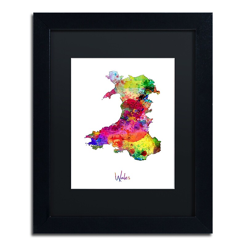 Trademark Fine Art ''Wales Watercolor Map'' by Michael Tompsett 11" x 14" Black Matted Black Frame (MT0752-B1114BMF) image 1