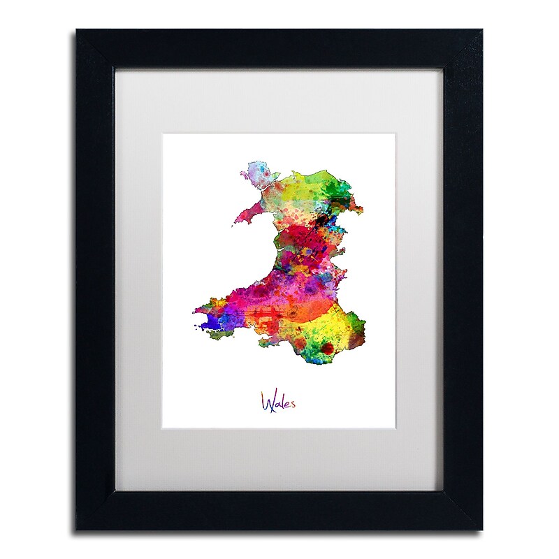 Trademark Fine Art ''Wales Watercolor Map'' by Michael Tompsett 11" x 14" White Matted Black Frame (MT0752-B1114MF) image 1