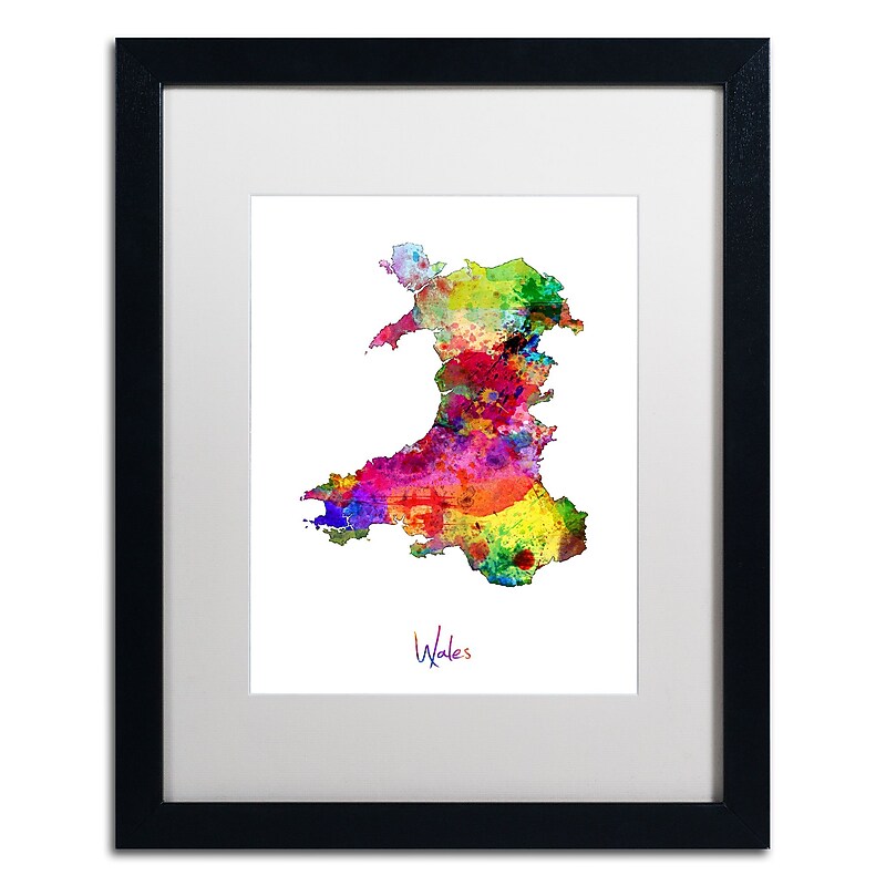 Trademark Fine Art ''Wales Watercolor Map'' by Michael Tompsett 16" x 20" White Matted Black Frame (MT0752-B1620MF) image 1