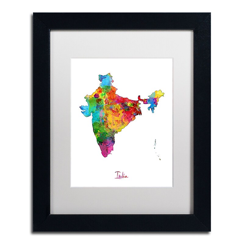 Trademark Fine Art ''India Watercolor Map'' by Michael Tompsett 11" x 14" White Matted Black Frame (MT0753-B1114MF) image 1