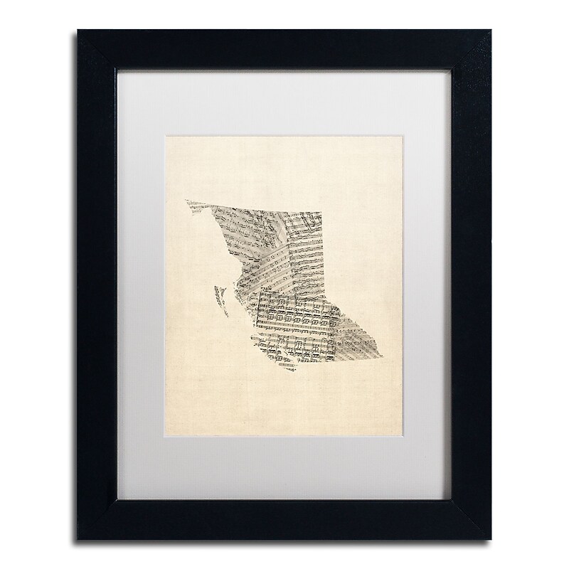 Trademark Fine Art ''Sheet Music Map British Columbia'' by Michael Tompsett 11" x 14" Black Frame (MT0755-B1114MF) image 1