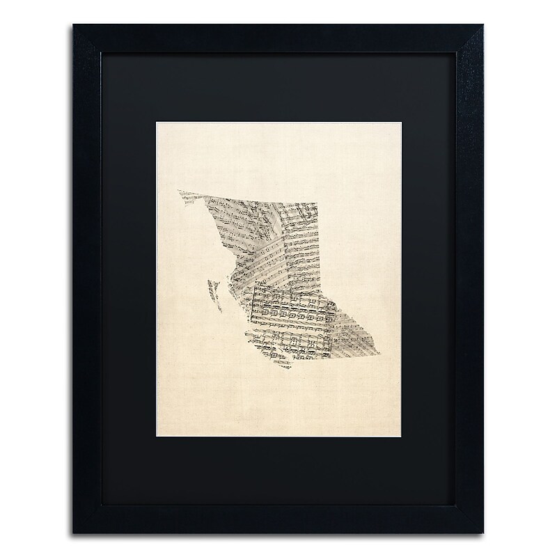 Trademark Fine Art ''Sheet Music Map British Columbia'' by Michael Tompsett 16" x 20" Black Matted Black Frame (MT0755-B1620BMF) image 1