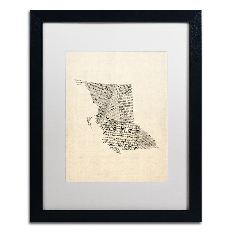 Trademark Fine Art ''Sheet Music Map British Columbia'' by Michael Tompsett 16" x 20" White Matted Black Frame (MT0755-B1620MF) image 1