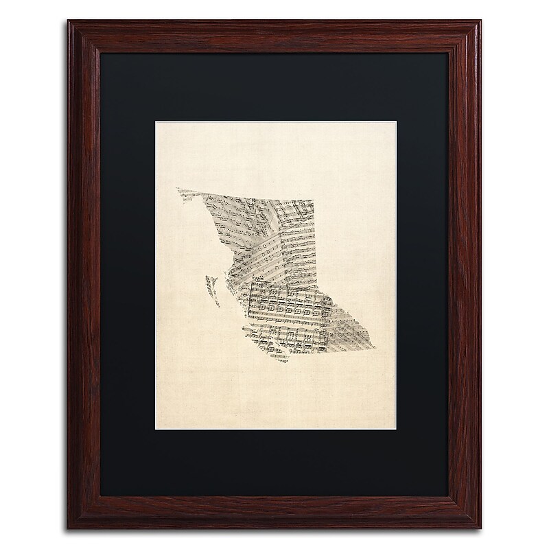 Trademark Fine Art ''Sheet Music Map British Columbia'' by Michael Tompsett 16" x 20" Black Matted Wood Frame (MT0755-W1620BMF) image 1