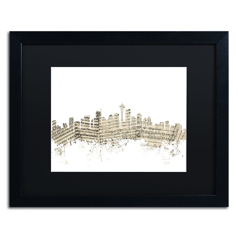 Trademark Fine Art ''Seattle Skyline Sheet Music'' by Michael Tompsett 16" x 20" Black Matted Black Frame (MT0833-B1620BMF) image 1