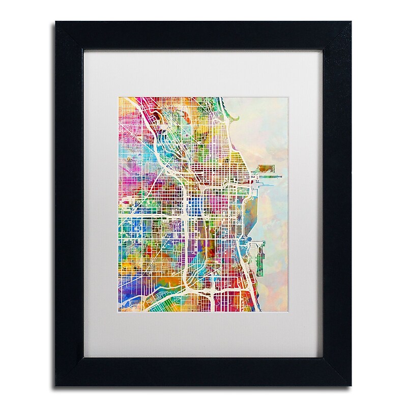 Trademark Fine Art ''Chicago City Street Map II'' by Michael Tompsett 11" x 14" White Matted Black Frame (MT0856-B1114MF) image 1