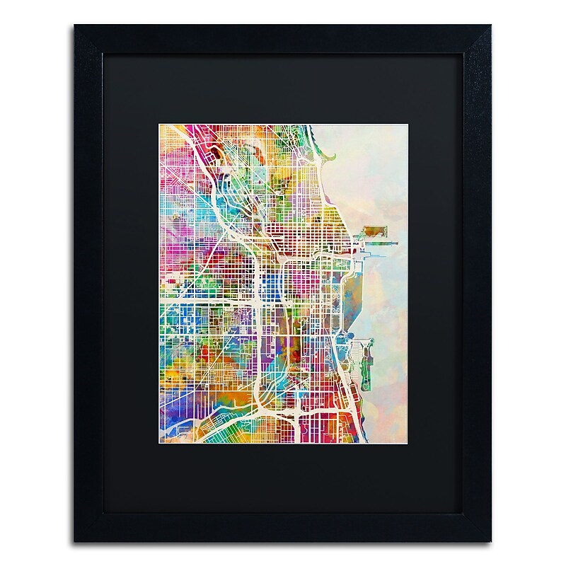 Trademark Fine Art ''Chicago City Street Map II'' by Michael Tompsett 16" x 20" Black Matted Black Frame (MT0856-B1620BMF) image 1
