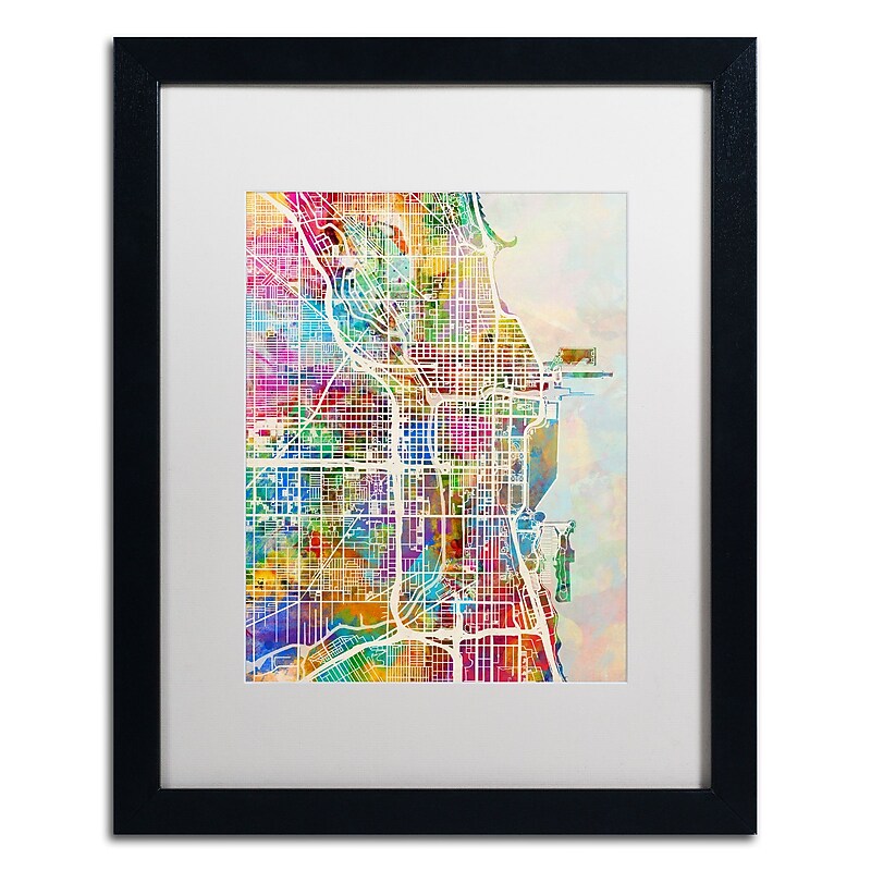 Trademark Fine Art ''Chicago City Street Map II'' by Michael Tompsett 16" x 20" White Matted Black Frame (MT0856-B1620MF) image 1