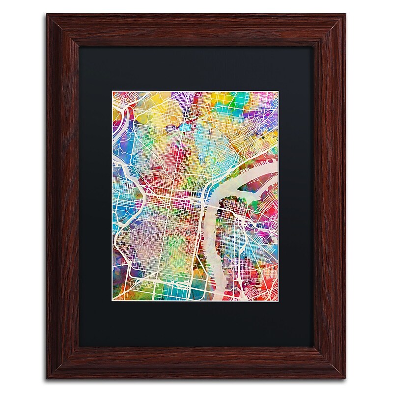 Trademark Fine Art ''Philadelphia Street Map'' by Michael Tompsett 11" x 14" Black Matted Wood Frame (MT0857-W1114BMF) image 1