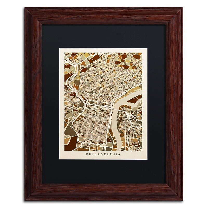 Trademark Fine Art ''Philadelphia Street Map II'' by Michael Tompsett 11" x 14" Black Matted Wood Frame (MT0858-W1114BMF) image 1