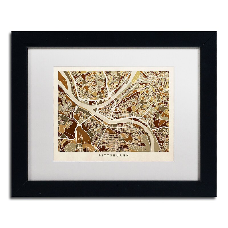 Trademark Fine Art ''Pittsburgh Street Map'' by Michael Tompsett 11" x 14" White Matted Black Frame (MT0861-B1114MF) image 1
