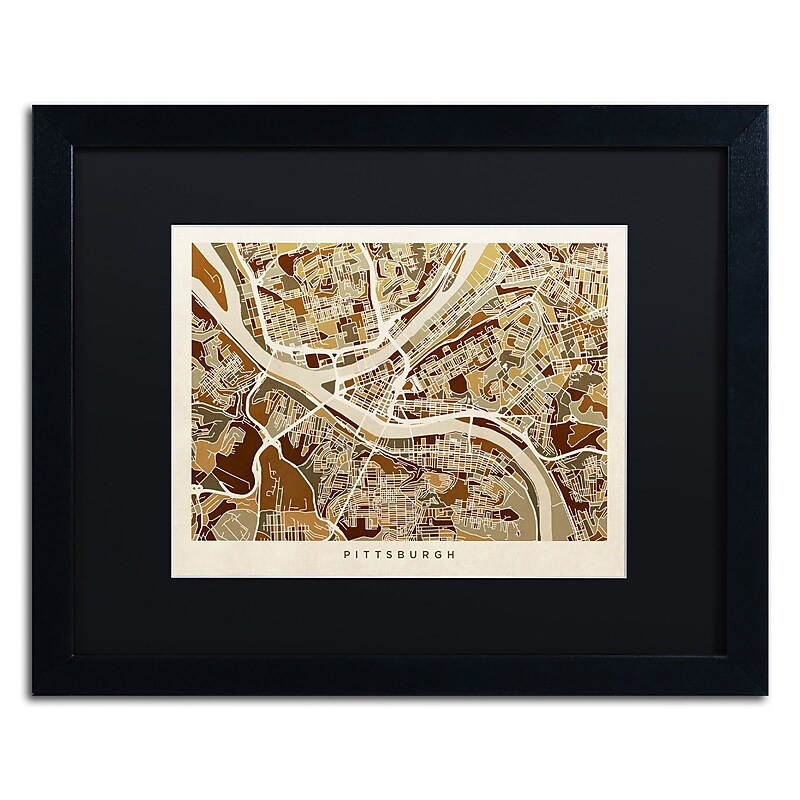 Trademark Fine Art ''Pittsburgh Street Map'' by Michael Tompsett 16" x 20" Black Matted Black Frame (MT0861-B1620BMF) image 1