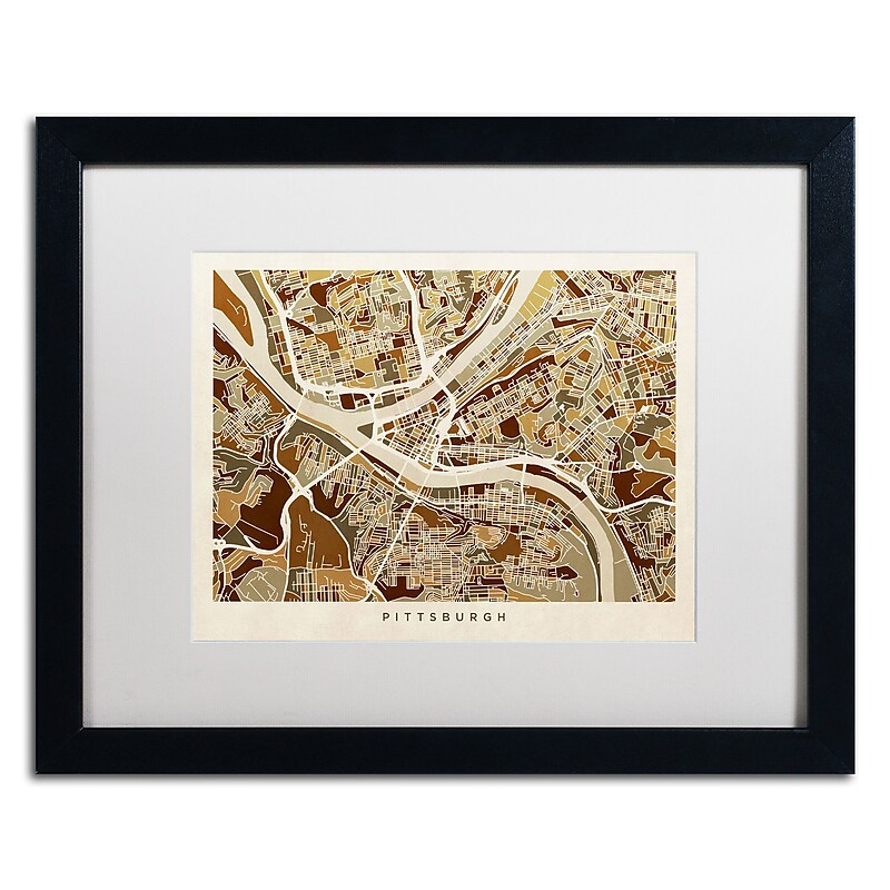 Trademark Fine Art ''Pittsburgh Street Map'' by Michael Tompsett 16" x 20" White Matted Black Frame (MT0861-B1620MF) image 1