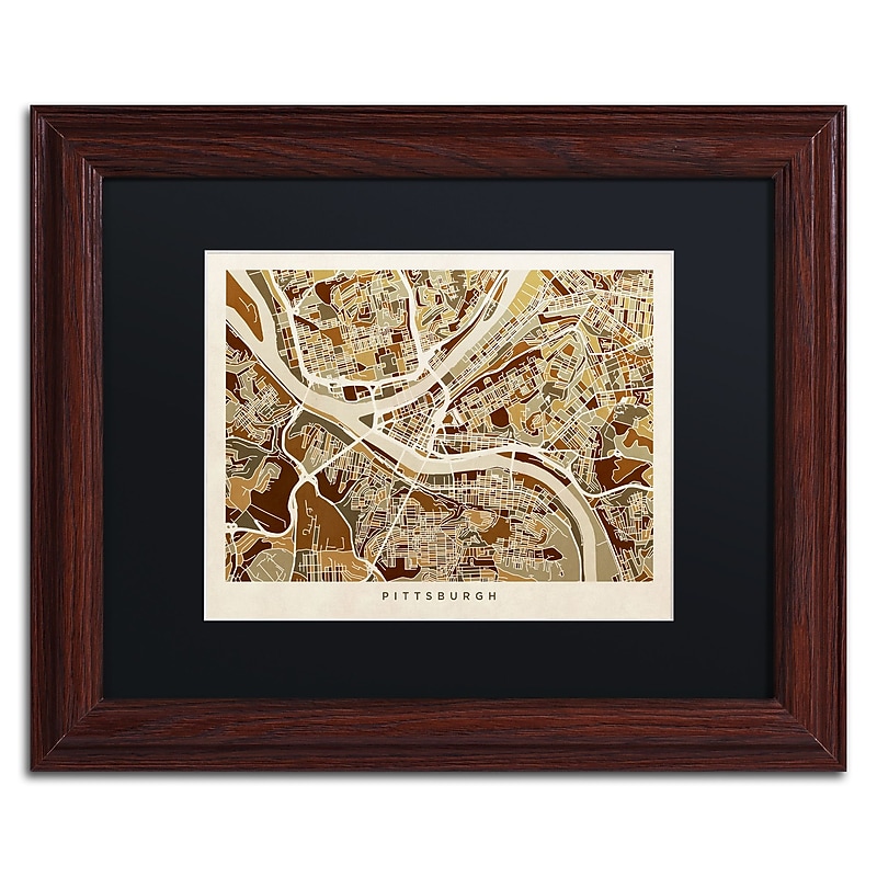 Trademark Fine Art ''Pittsburgh Street Map'' by Michael Tompsett 11" x 14" Black Matted Wood Frame (MT0861-W1114BMF) image 1