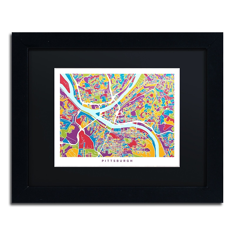 Trademark Fine Art ''Pittsburgh Street Map'' by Michael Tompsett 11" x 14" Black Matted Black Frame (MT0862-B1114BMF) image 1