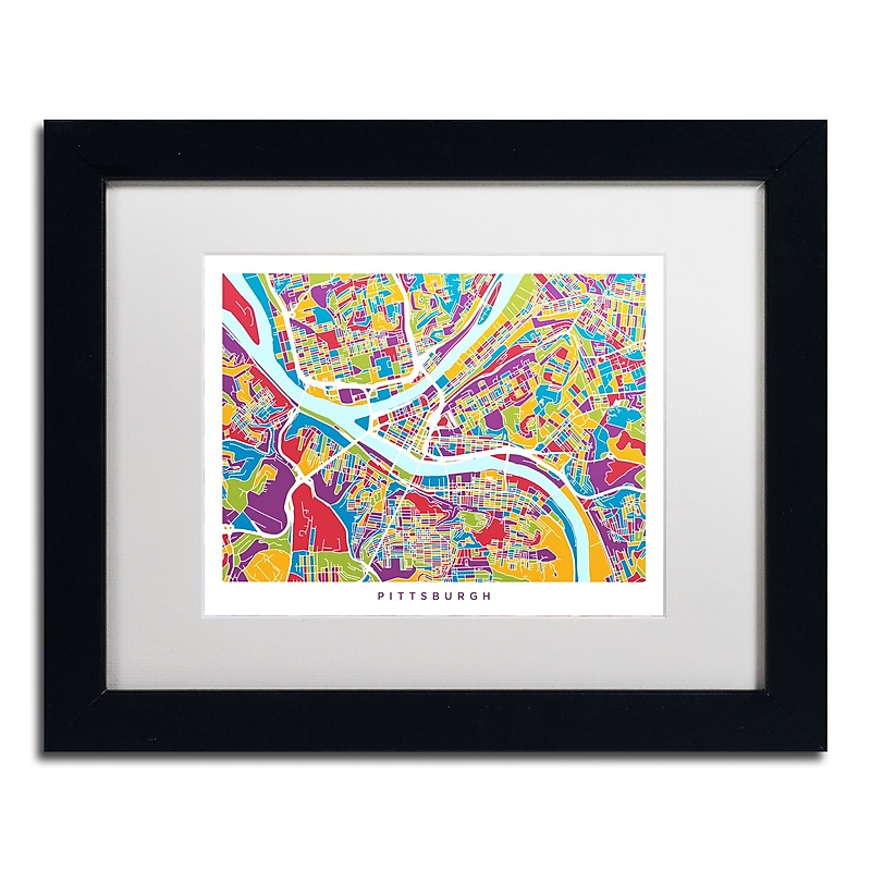 Trademark Fine Art ''Pittsburgh Street Map'' by Michael Tompsett 11" x 14" White Matted Black Frame (MT0862-B1114MF) image 1