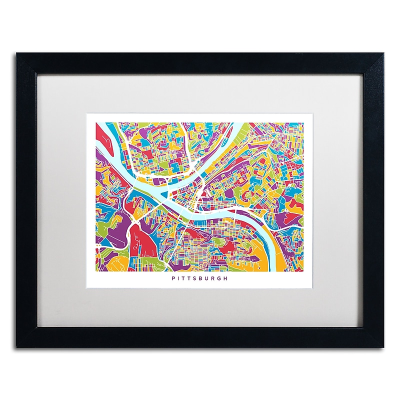 Trademark Fine Art ''Pittsburgh Street Map'' by Michael Tompsett 16" x 20" White Matted Black Frame (MT0862-B1620MF) image 1