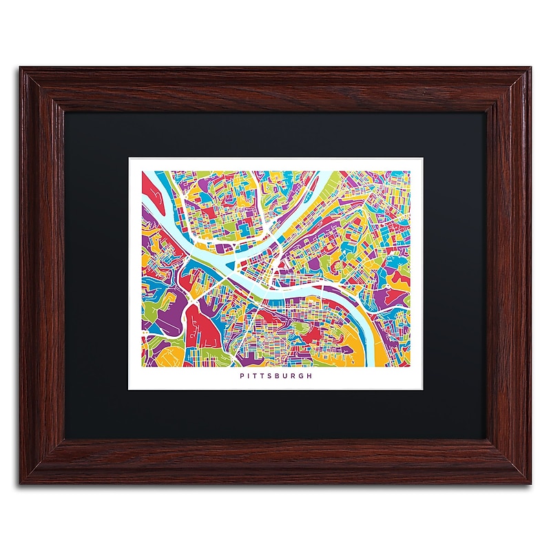 Trademark Fine Art ''Pittsburgh Street Map'' by Michael Tompsett 11" x 14" Black Matted Wood Frame (MT0862-W1114BMF) image 1