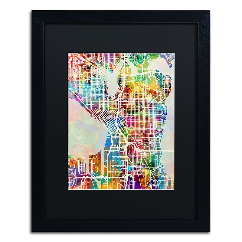 Trademark Fine Art ''Seattle Washington Street Map'' by Michael Tompsett 16" x 20" Black Matted Black Frame (MT0869-B1620BMF) image 1