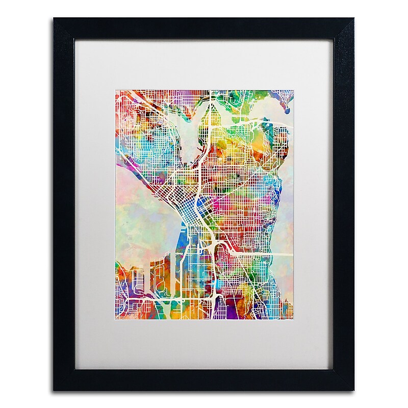 Trademark Fine Art ''Seattle Washington Street Map'' by Michael Tompsett 16" x 20" White Matted Black Frame (MT0869-B1620MF) image 1