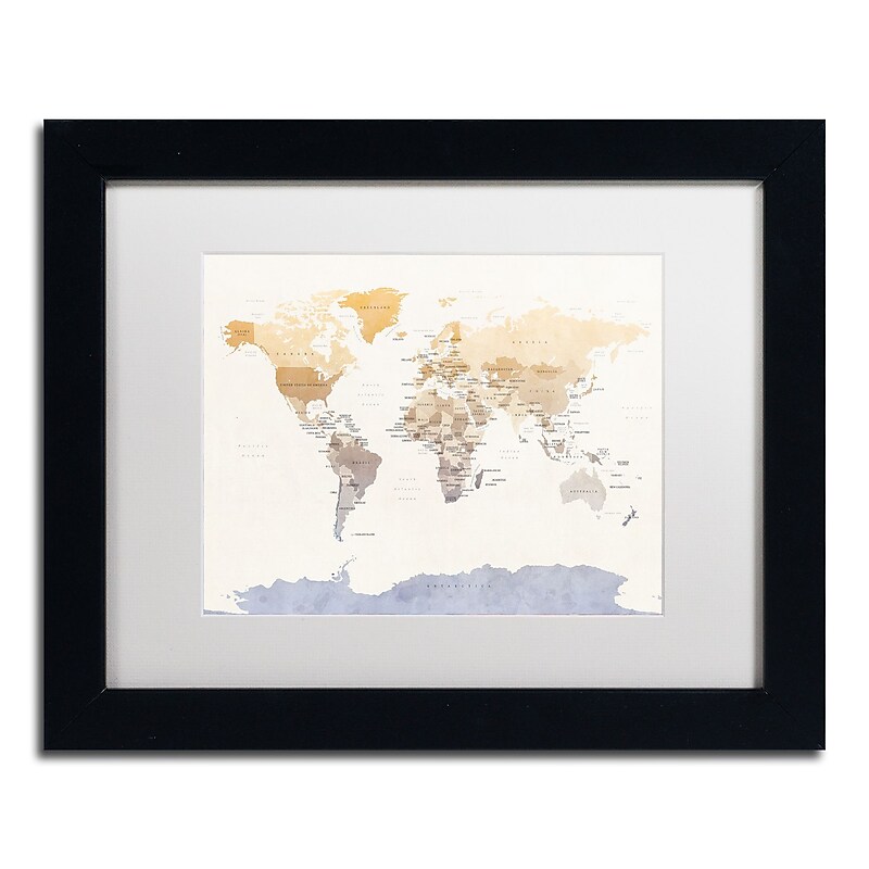 Trademark Fine Art ''Political Map of the World'' by Michael Tompsett 11" x 14" White Matted Black Frame (MT0874-B1114MF) image 1