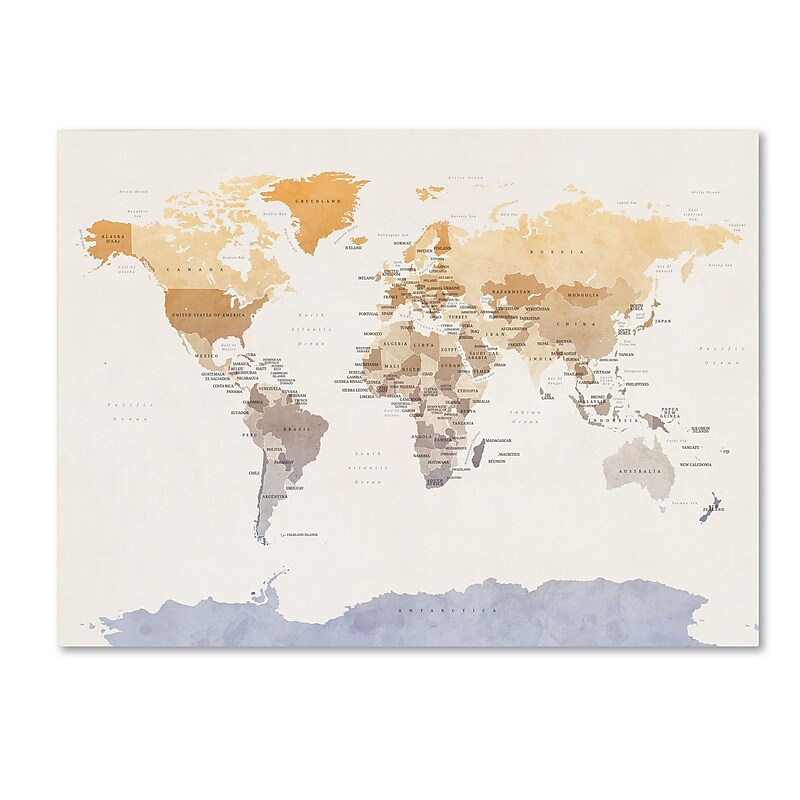 Trademark Fine Art ''Watercolour Political Map of the World'' by Michael Tompsett 24" x 32" Canvas Art (MT0874-C2432GG) image 1