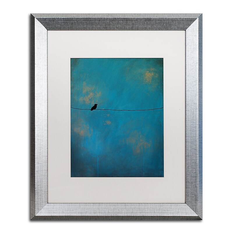 Trademark Fine Art ''Lone Bird Blue'' by Nicole Dietz 16" x 20" White Matted Silver Frame (ND073-S1620MF) image 1