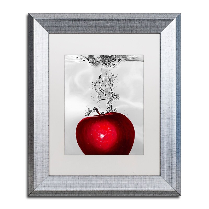 Trademark Fine Art ''Red Apple Splash'' by Roderick Stevens 11" x 14" White Matted Silver Frame (RS012-S1114MF) image 1