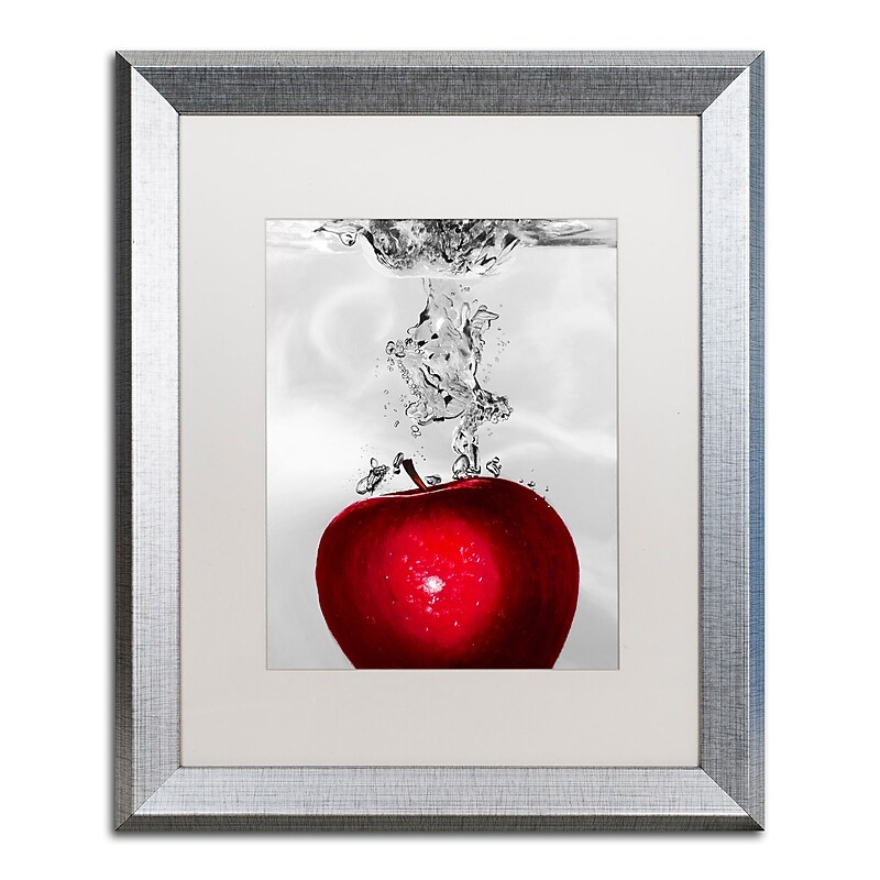 Trademark Fine Art ''Red Apple Splash'' by Roderick Stevens 16" x 20" White Matted Silver Frame (RS012-S1620MF) image 1
