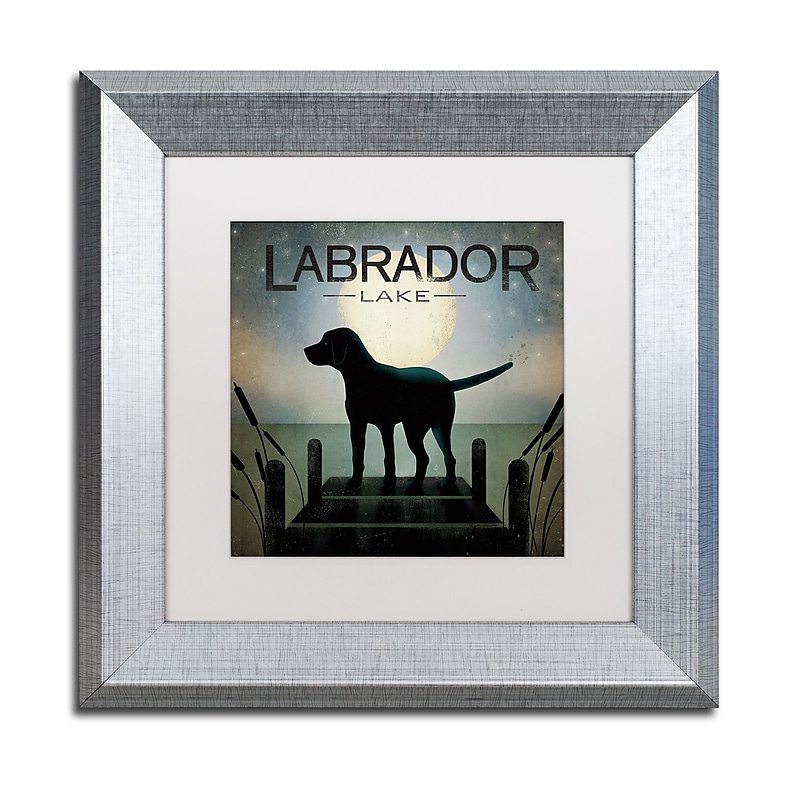 Trademark Fine Art ''Moonrise Black Dog Labrador Lake'' by Ryan Fowler 11" x 11" White Matted Silver Frame (WAP0080-S1111MF) image 1