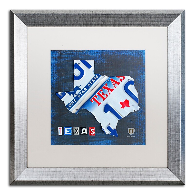 Trademark Fine Art ''Texas License Plate Map'' by Design Turnpike 16" x 16" White Matted Silver Frame (ALI1255-S1616MF) image 1