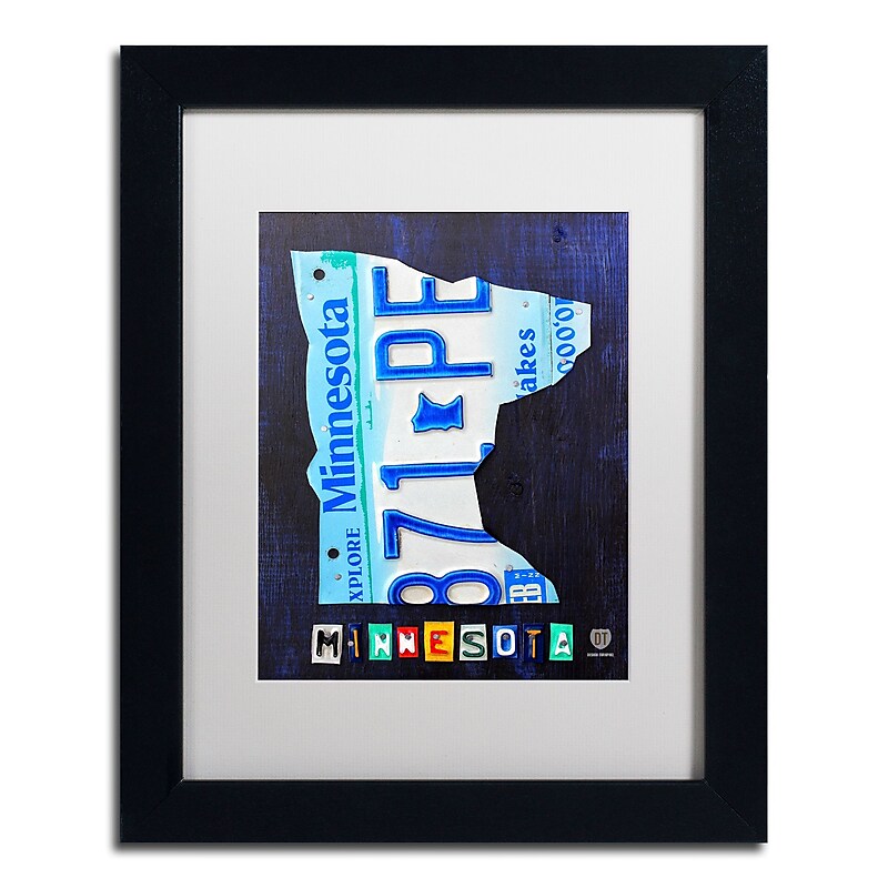 Trademark Fine Art ''Minnesota License Plate Map'' by Design Turnpike 11" x 14" White Matted Black Frame (ALI1294-B1114MF) image 1