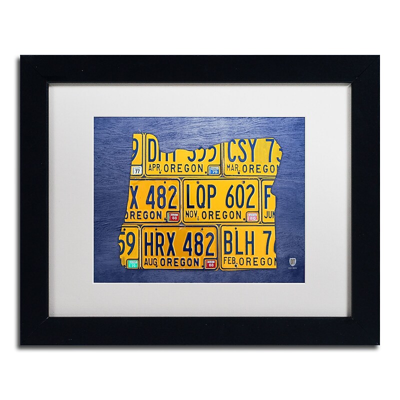 Trademark Fine Art ''Oregon License Plate Map'' by Design Turnpike 11" x 14" White Matted Black Frame (ALI1295-B1114MF) image 1
