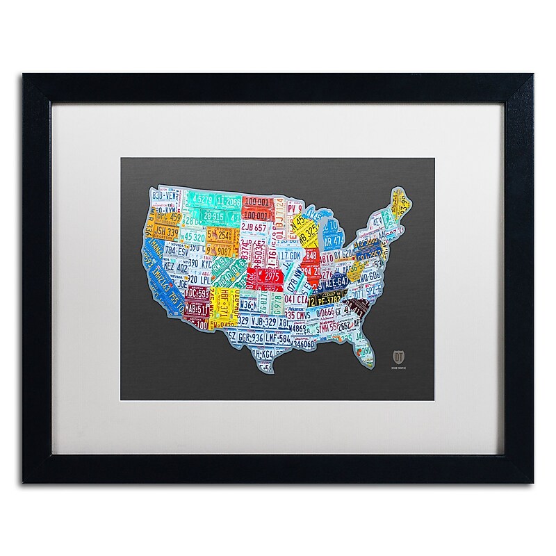 Trademark Fine Art ''Massive USA License Plate Map'' by Design Turnpike 16" x 20" White Matted Black Frame (ALI1306-B1620MF) image 1