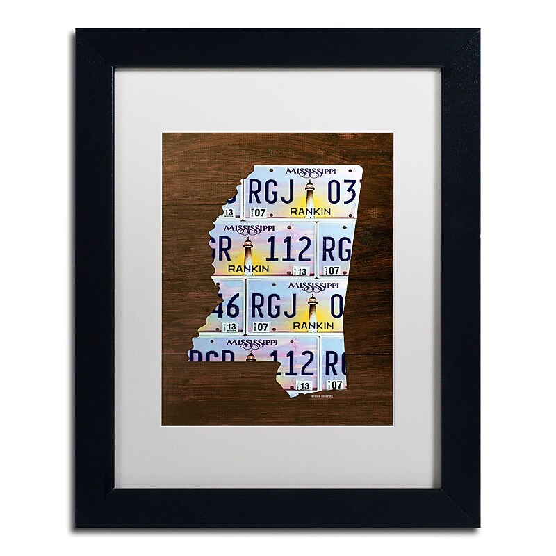 Trademark Fine Art ''Mississippi License Plate Map'' by Design Turnpike 11" x 14" White Matted Black Frame (ALI1319-B1114MF) image 1