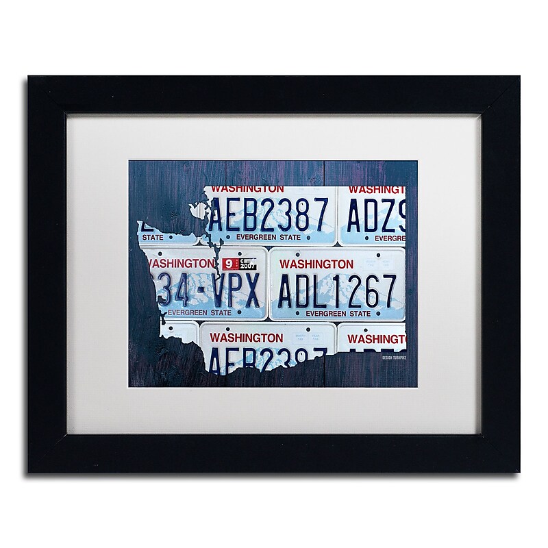 Trademark Fine Art ''Washington License Plate Map'' by Design Turnpike 11" x 14" White Matted Black Frame (ALI1325-B1114MF) image 1