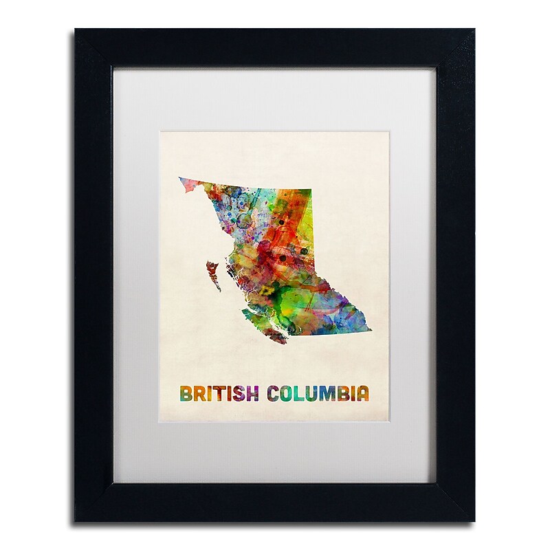 Trademark Fine Art ''British Columbia Watercolor Map'' by Michael Tompsett 11" x 14" White Matted Black Frame (MT0503-B1114MF) image 1