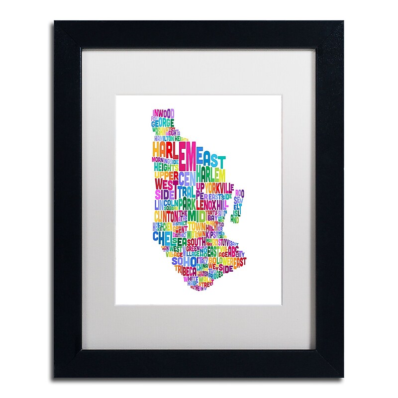 Trademark Fine Art ''Manhattan New York Typography Map'' by Michael Tompsett 11" x 14" White Matted Black Frame (MT0505-B1114MF) image 1