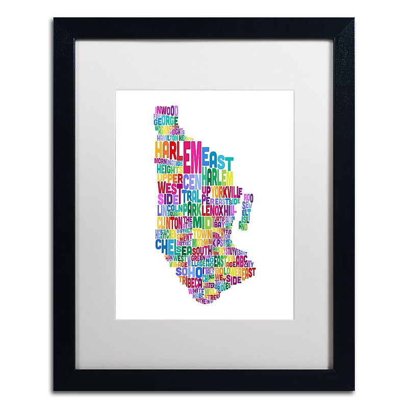 Trademark Fine Art ''Manhattan New York Typography Map'' by Michael Tompsett 16" x 20" White Matted Black Frame (MT0505-B1620MF) image 1