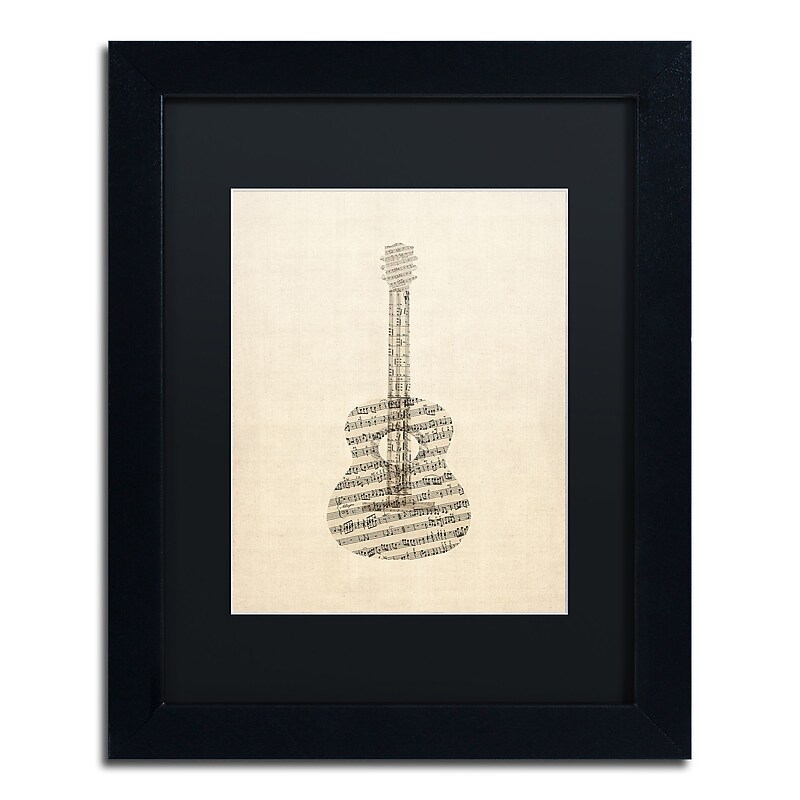 Trademark Fine Art ''Acoustic Guitar Old Sheet Music'' by Michael Tompsett 11" x 14" Black Matted Black Frame (MT0506-B1114BMF) image 1