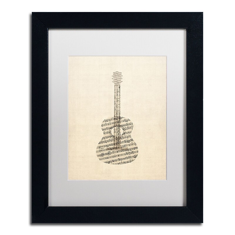Trademark Fine Art ''Acoustic Guitar Old Sheet Music'' by Michael Tompsett 11" x 14" White Matted Black Frame (MT0506-B1114MF) image 1