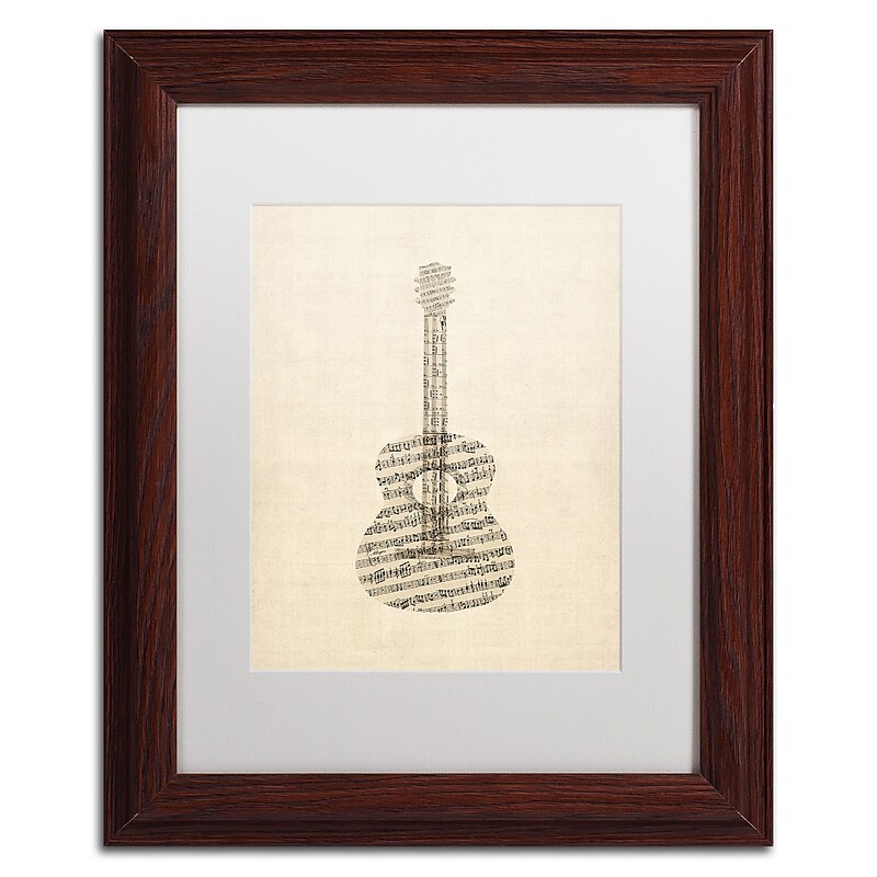 Trademark Fine Art ''Acoustic Guitar Old Sheet Music'' by Michael Tompsett 11" x 14" White Matted Wood Frame (MT0506-W1114MF) image 1