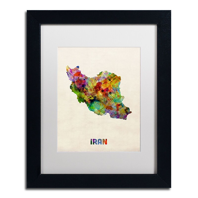 Trademark Fine Art ''Iran Watercolor Map'' by Michael Tompsett 11" x 14" White Matted Black Frame (MT0507-B1114MF) image 1