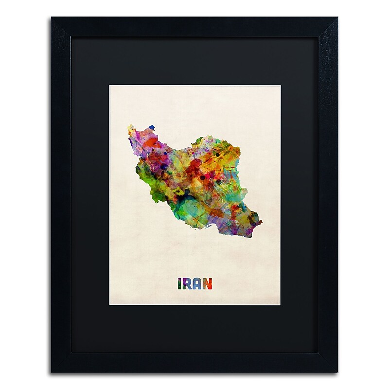 Trademark Fine Art ''Iran Watercolor Map'' by Michael Tompsett 16" x 20" Black Matted Black Frame (MT0507-B1620BMF) image 1