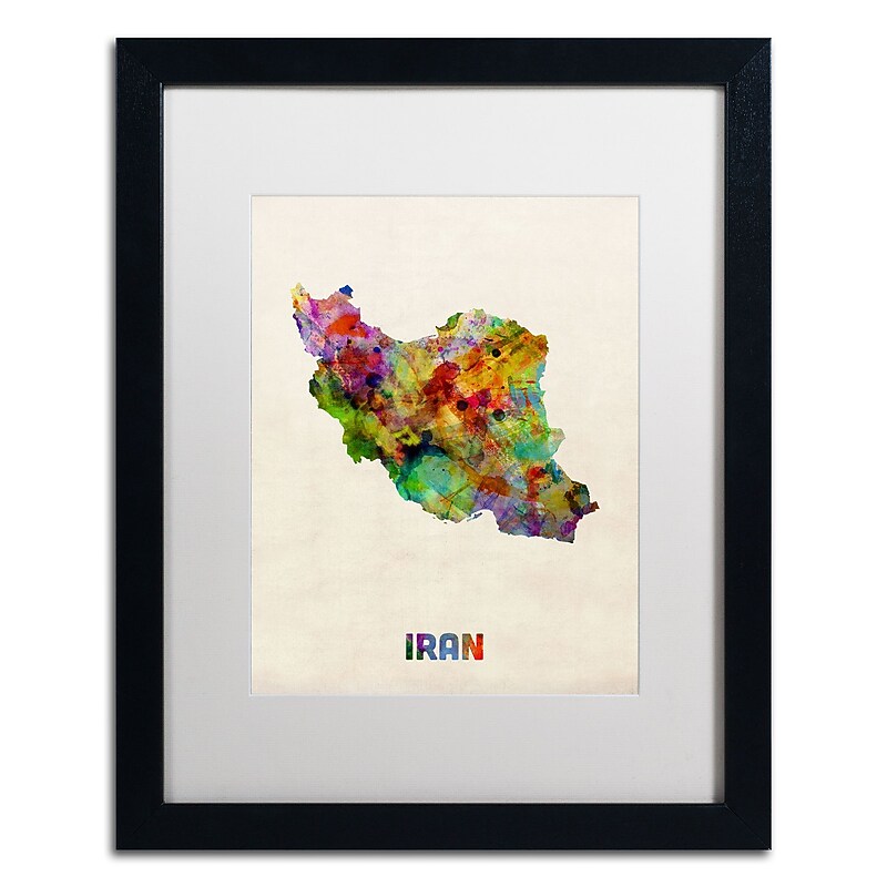 Trademark Fine Art ''Iran Watercolor Map'' by Michael Tompsett 16" x 20" White Matted Black Frame (MT0507-B1620MF) image 1